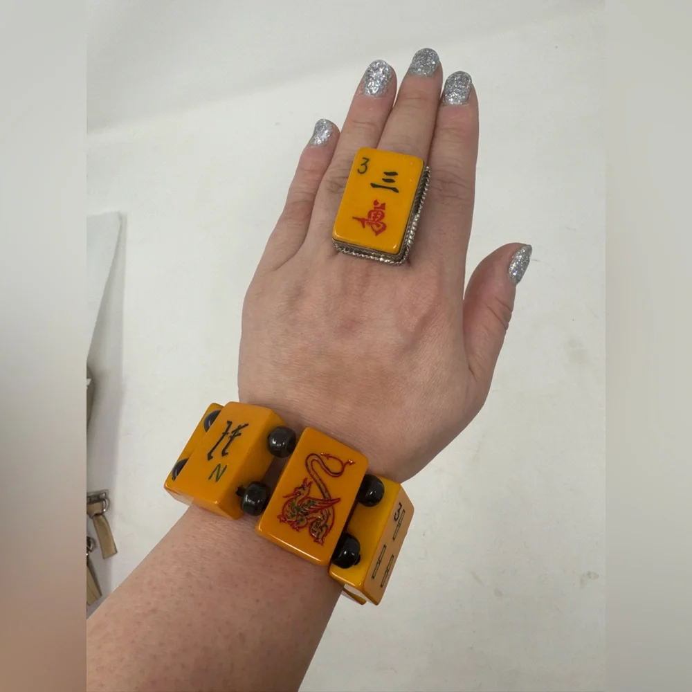 Vintage Butterscotch Bakelite Mahjong Bracelet and Ring - Picture 2 of 4